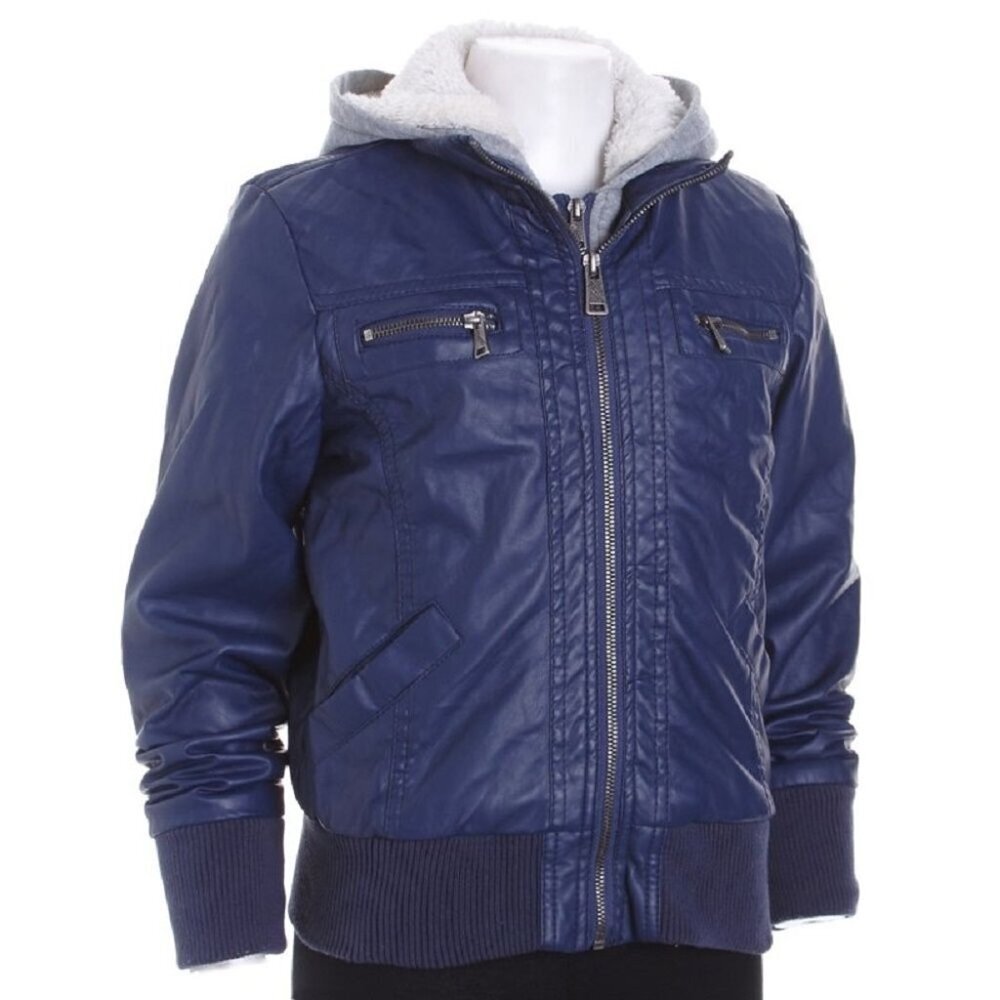 Girl's Therapy Faux Leather Jacket w/ Hood Navy Size Small (7/8) New